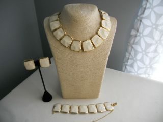 Vintage Monet Runway Cream Enamel Necklace Bracelet & Earrings Set