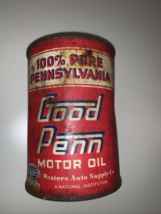 Vintage Good Penn 100 Pure Pennsylvania Motor Oil Metal 1 Qt Oil Can Rare