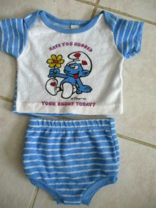 Vintage 1982 Baby Boy Or Girl Terry Cloth Smurfs Romper Set Sz 12 Mths