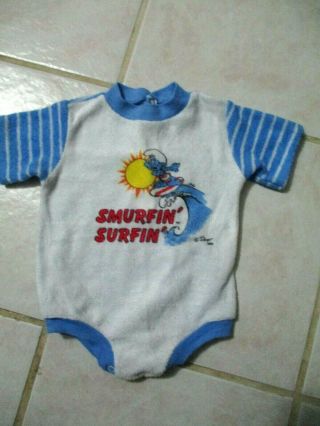 Vintage 1982 Baby Boy Or Girl Terry Cloth Smurfs Romper Sz 6 Mths