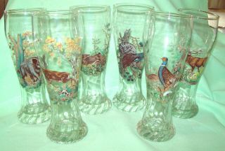 Set Of 6 Vintage Pilsner Beer Glass Wildlife Scenes With Etched Mark German?