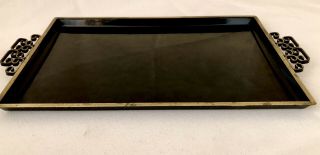 Vintage Hollywood Regency Black Metal Tray Moire Glaze Gold Greek Key Handles