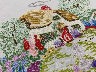 Vintage Hand Embroidered Picture Panel/cloth - Country Cottage Garden & Flowers
