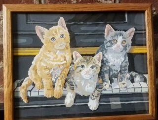 Rare Vintage Paint By Number Pbn Kittens On Piano Cats Keys Framed Under Glass