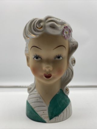 Vintage Glamour Girl Lady Head Vase Planter Hand Painted Pottery Pink Flower