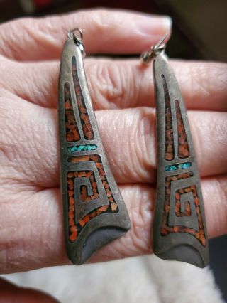 Vintage Sterling Silver Navajo Turquoise Coral Native American Indian Earrings