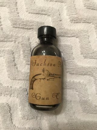 Scarce Vintage Jackson Arms Gun Oil Glass Bottle Early Pistol Image On Label