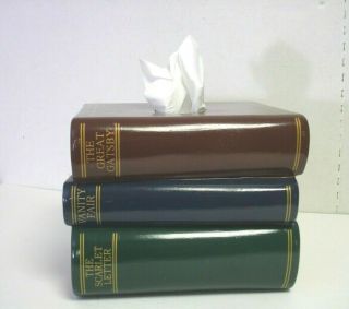 Vtg Ceramic Classic Book Tissue Box Dispenser Bandwagon Motif Library Office Den