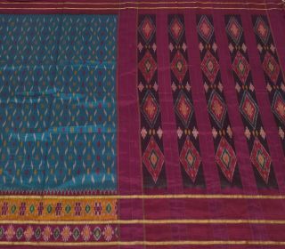 Vintage Saree 100 Pure Silk Blue Ikat Patola Hand Woven Sari Craft Fabric
