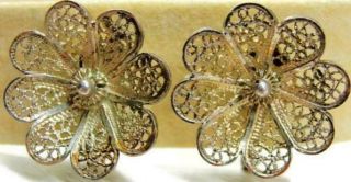 Filigree Flower Vintage Sterling Silver 925 Screw Back Earrings Detailed Patina