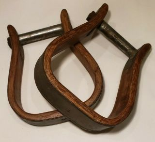 Pair Vintage Oak Wood & Metal Wooden Stirrups Western Saddle Horse Tack