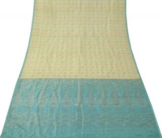 Vintage Indian Saree 100 Pure Silk Woven Cream Craft Sari 5 Yard Fabric