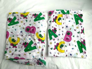 Vtg 90s Barney The Dinosaur Twin Sized Bed Sheets Fitted Flat Set Baby Bop Abc