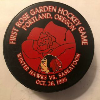 Portland Winter Hawks Puck - 1st Hockey Game At The Rose Garden - Oct.  26,  1995