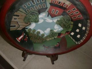 Wooden Bowl Folk Art Amish Scenes Hand Painted Signed Dated 1990 Vintage Decor