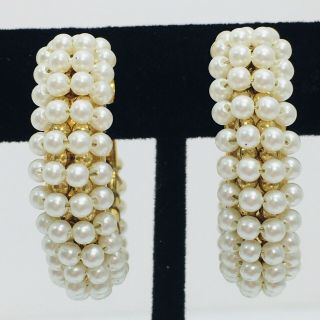 Vintage Faux Pearl Hoop Earrings 80s Gold Tone Statement Clip On