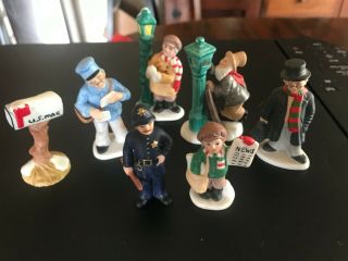 Vintage Lefton Holiday Village 7 Figurines Mail,  Police Doctor,  Lamplighter News