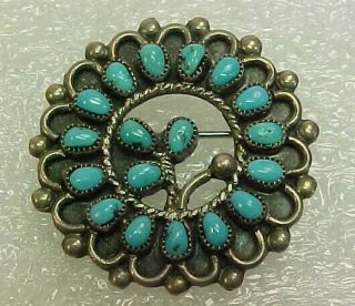 Vintage Zuni Petit Point Turquoise Sterling Silver Circle Pin Brooch 1 1/8 "