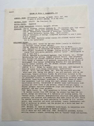Resume Of Philo T.  Farnsworth Iii From The Early 70 
