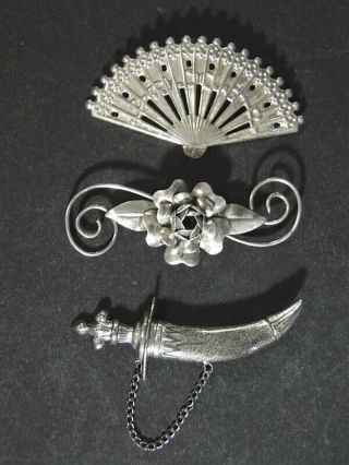 3 Vintage Lang Sterling Silver Pins Faux Flower Scimitar Sword