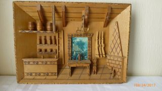 Vintage Diorama Wood Folk Art Collectible Hand Made Carved 3d Cabin Scene Wooden