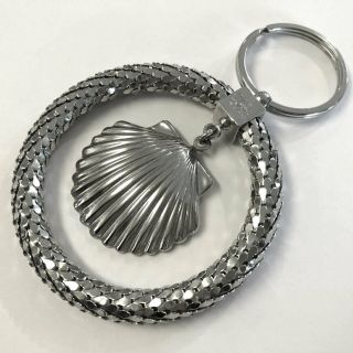 Vintage Whiting & Davis Large Mesh Key Ring Chain Seashell Round Silver Tone