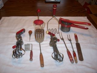 Vintage Set Of 12 Red Wood Handle Kitchen Utensils