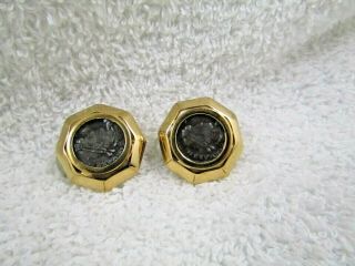 Vintage Signed CINER Roman Coin Gold Tone Clip On Earrings 1 