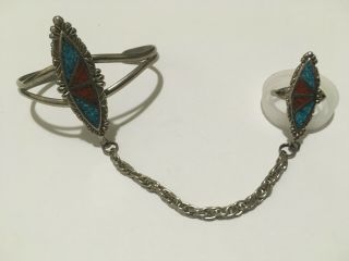 Vintage Silver Plate Native American Coral Turquoise Slave Cuff Bracelet Ring