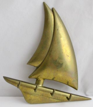Vintage Brass Sailboat Key Holder Rack Mid Century Modern 7 3/4 X 7 1/4