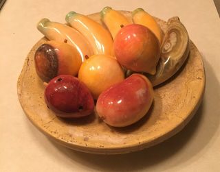 Vintage Italian Carved Alabaster Stone Fruit W Pedestal Bowl Banana Peach Mango