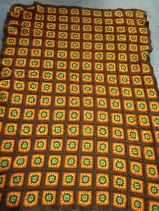 Vintage Handmade Crocheted Granny Square Afghan Throw Blanket Brown Orange Green