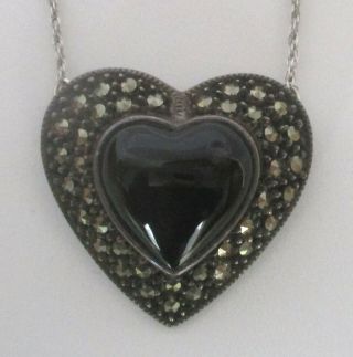 Vintage Sterling Silver Onyx/marcasite Heart Pendant Necklace Judith Jack