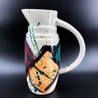 Vintage Art Pottery Pitcher Hand Painted Modernist Design Multi Color 9 3/4”