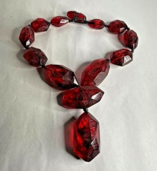Vintage Faux Cherry Amber Chunky Plastic Necklace,  21 "