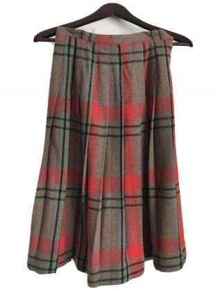 Vtg 50s - 60s Retro Pleated Wool Skirt Red Brown Green Black Plaid Charles Inc Xs