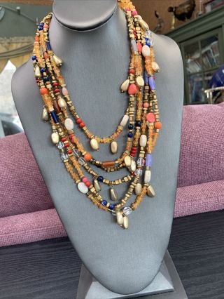 Vintage Bohemian Signed Chico’s Beaded Multi Strand Waterfall Necklace Boho 24”