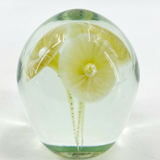Vintage Large Art Glass Hand Blown Paperweight Yellow Calla Lily Flowers Bubbles