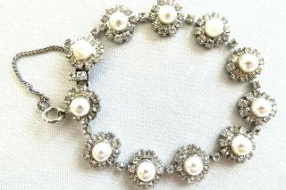 Eisenberg Vtg Link Bracelet Silver Tone Faux Pearls Safety Chain Signed E