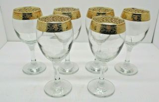Vintage Set Of 6 Wine Goblets Glasses Gold Trim