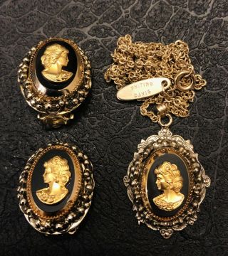 Vtg Whiting And Davis Gold & Black Cabochon Cameo Pendant Necklace & Clip On Set