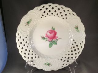 Vintage Meissen Germany 152321 White Pierced Porcelain Plate Center Pink Rose