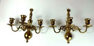 Pair Vintage Brass Candle Holders Triple Arms Wall Scones 9 "