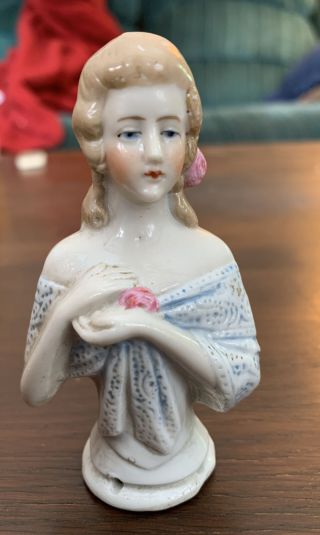 Vintage Porcelain Half Doll Pin Cushion 3 1/2 Inches Tall Germany 16924