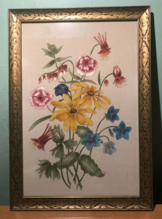 Vintage Signed Hand Painted Theorem Group Of Flowers Floral Bouquet - Framed