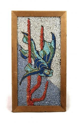 Vintage Mid Century 1960s Gravel Pebble Rock Art Picture Tropical Fish Framed