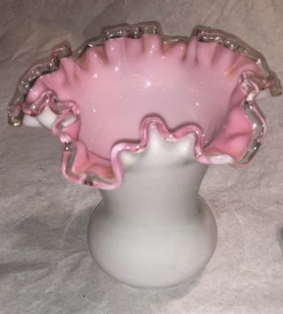 Vintage Fenton Silver Pink Crest White Milk Glass Vase Ruffled