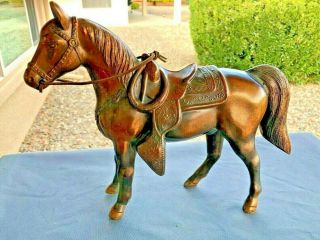 X - Large 10 3/4 " Metal Copper/bronze Horse Stallion Western Saddle Usa Vtg Retro