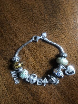 Vintage Heart Charm Locket Murano Glass Beads 925 Silver 7” Bracelet Italy