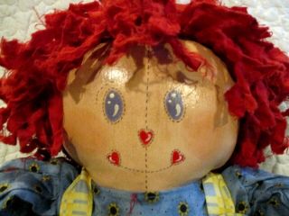 21 " Vtg.  " Rggedy Ann Doll " Handpainted Oil Cloth Face & Limbs Red Rag Hair Cute